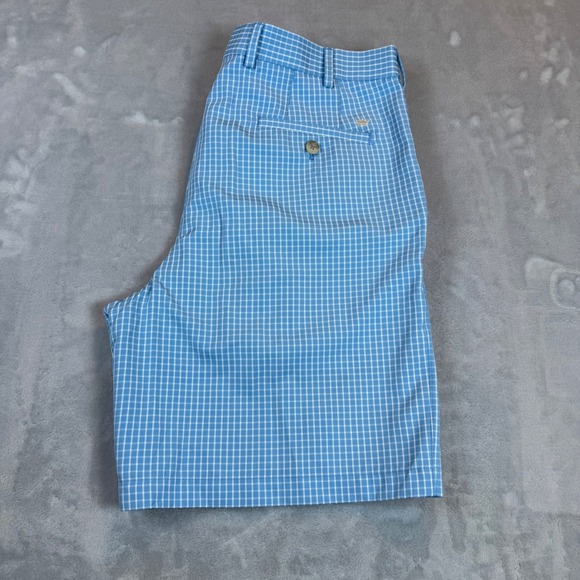 Peter Millar Wicking Golf Shorts Mens 34 Blue White Check Plaid Casual - Picture 1 of 7